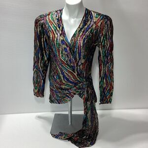 Lizzy & Johnny Vintage Sparkly Wrap Front blouse Disco Top Holiday Shirt